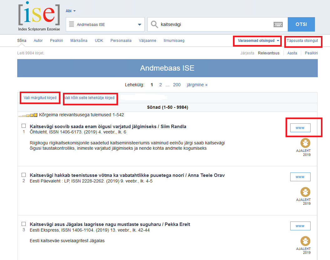 Valikud otsitulemuste lehel